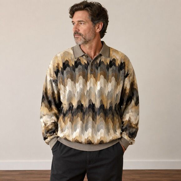 Tundra Other - Vintage Tundra Canada XXL Cotton Chevron Knit Polo Sweater Made Canada